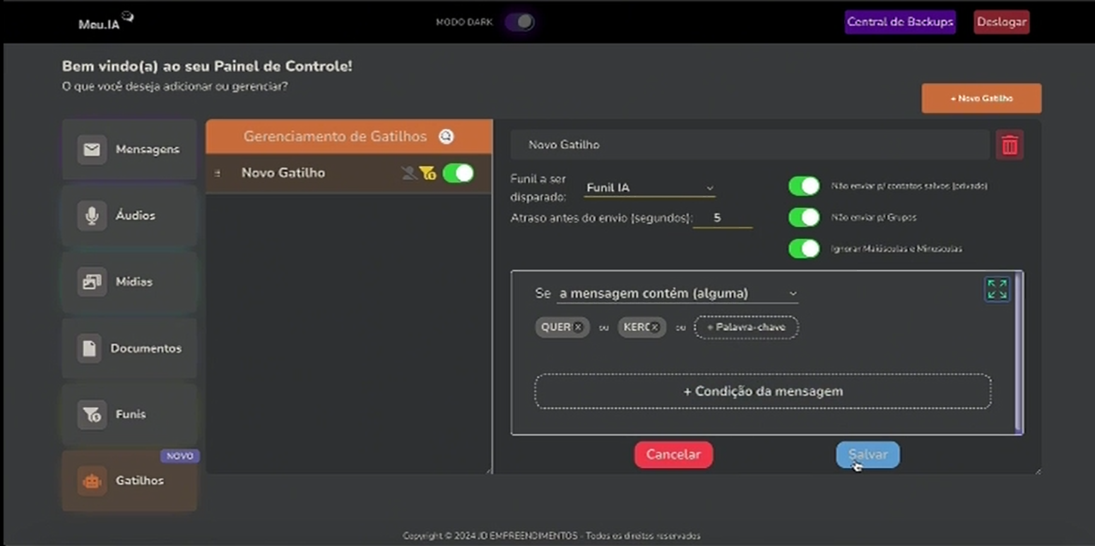 Palavras-chave de gatilho detectadas em conversas para automações